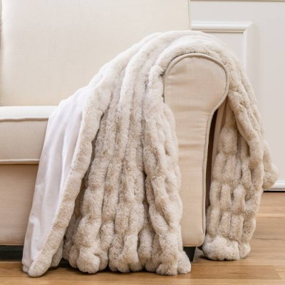 Royal Ivory Cream Genuine Ruched Faux Fur Minky Brushed Luxury Throw For For Bed,Coach Or Sofa